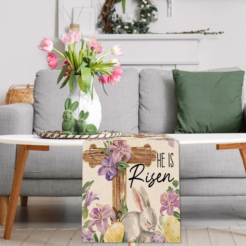 Uruney Christian Easter Lily Flower Table Runner, Religious Cross He