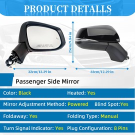Black Right Passenger Side Mirror Replacement For Toyota Rav4 2019-2023 Power Glass,Heated,Manual Folding,Turn Signal, Blind Spot Detection For Rav4 Side Mirror#TO1321350(8Pins)