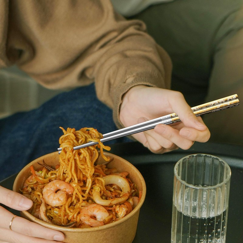 A · HOUSEWARE 5 Pairs Gold Dragon Chopsticks Set Stainless
