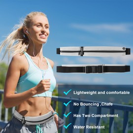 Slim Running Belt for Women and Men, Waterproof Phone Holder for Running, Reflective 2-Pocket Waist Pack for Storing Runner’s Essentials Safely, Runner’s Fanny Pack, Money Belt Fits Most Phones (Grey)