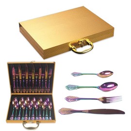 LAIION Silverware Set，24-Piece Stainless Steel Flatware Service for 6 Rainbow Color flatware Mirror Finish Cutlery Set