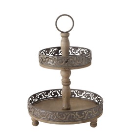 WHW Whole House Worlds Round 2 Tier Stand, Cupcake Display Trays, Vintage Farmhouse Style, Handle, Wood and Metal, Rustic Nut Brown, 11.75 D x 17.75 H Inches (H 45 cm)