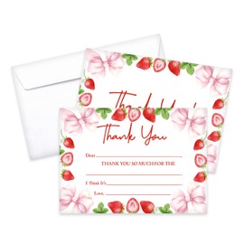 Pink Bow Thank You Cards Fill In The Blank, Thank You Notes For Kids , Strawberry Thank You Greeting Cards For Birthday Wedding Christmas Thanksgiving Baby Shower (20 Set Of Cards With Envelopes) -A02