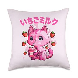 Kazekaz Kawaii Strawberry Milk Cat Japanese Cute Chibi Kitten Gift Throw Pillow, 18x18, Multicolor