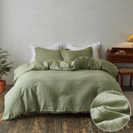 Simple&Opulence 100% Washed Linen Duvet Cover Set 68"x86" - 2 Pieces Soft Farmhouse Comforter Set Double Embroidered with Button Closure - 1 Duvet Cover and 1 Pillowsham (Sage Green, Twin)