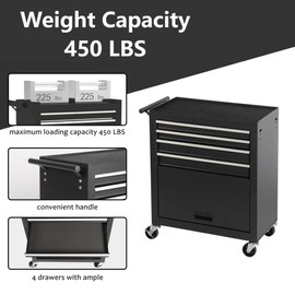 ChicFurnit Tool Chest,4-Drawer Rolling Tool Chest with 4 Ample Ball-Bearing Drawers & Convenient Handle,Tool Storage Box with Top Rubber Mat,Four 4-Inch Casters & Lower Locker for Garages,Black