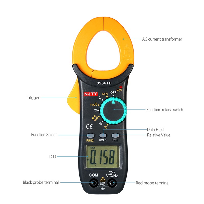 NJTY Digital Clamp Meter 4000 Counts Auto Range Multimeter with