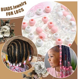 NAISKA 60Pcs Light Pink Acrylic Hair Beads for Kid Candy White Hair Jewelry Braids Loc Dreadlock Accessories Hair Clip Decoration Braids Jewelry Making Braid Clips for Women and Girls