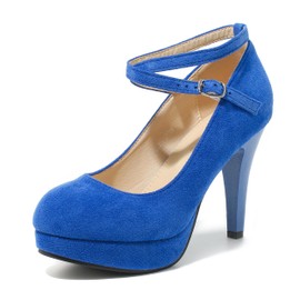 Women's Platform High Heels Closed Toe Pumps Strappy Cross Ankle Strap Shoes Suede Royal Blue 47 - US 13
