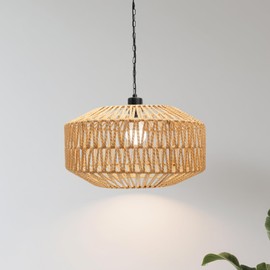 Qnuioea Farmhouse Chandelier Light Fixture, Rattan Boho Chandeliers, Hand Woven Pendant Light with Height Adjustable, Rustic Hanging Lighting for Living/Dining Room, Kitchen Island, Bedroom (Medium)