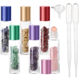 SESENSE Essential Oil Roller Bottles,10ml Thick Glass Perfume Roller Bottles with Crystal Chips Inside Clear Glass Roller Bottle with Natural Crystal Gemstone Roller Balls (Multicolor, 6 Pack)