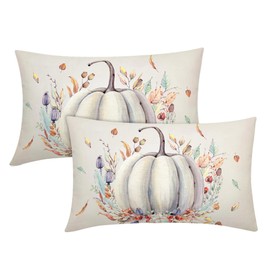 Fall White Pumpkin Lumbar Pillow Covers 12X20 Inch Purple Flower Leaves Decorative Pillow Cases Seasonal Autumn Thanksgiving Harvest Throw Pillows Set of 2 Home Decor For Sofa Couch Porch Outdoor