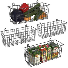 MaraFansie Extra Large Hanging Wall Basket 4-Pack Wall Mounted Wire Basket Cabinet Storage Bin Organizer Wall Shelves Farmhouse Decor for Home Kitchen Bathroom, Black