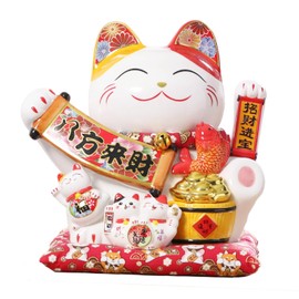 TXYXT Lucky Cat Waving Arm Fortune Cat Statue,Chinese Ceramic Maneki Neko,Japanese Good Luck Cat for Home, Office, Store, Moving Arm Money Cat