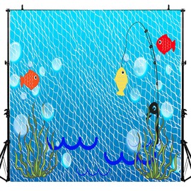 LUCKBTY Gone Fishing Birthday Party Photography Backdrop, 6x6FT, Blue Fishing Nets Bubbles Background, Photo Booth Studio Props BJYYLU310