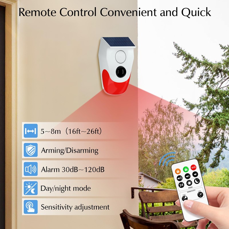 Outdoor Motion Sensor, Solar Alarm System House with Remote Control,