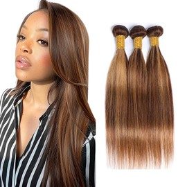 Biliisyff Honey Blonde Ombre Highlight Bundles P4/27 Straight Human Hair Brown and Blonde Bundles Double Weft Brazilian Hair Silky and Soft for Black Women (30 32 34 Inch)