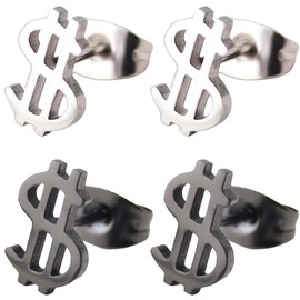 Liitata 2 Pair Gothic Dollar Sign Ear Studs Stainless Steel US Dollar Stud Earrings Hip Hop Punk Rock Dollar Money Earring For Girls Women Silver and Black