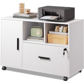 DEVAISE Office File Cabinet with Lock, 1-Drawer Wood Lateral Filing Cabinet on Wheels, Printer Stand with Open Storage Shelves for Home Office, White
