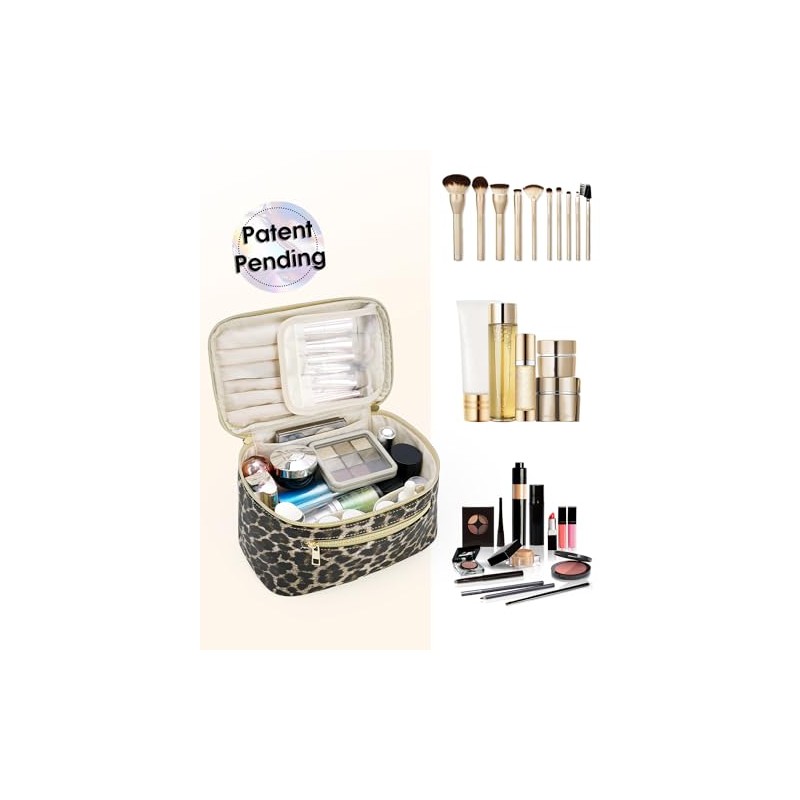 Travel Makeup Bag, Large PU Leather Cosmetic Case with Brush