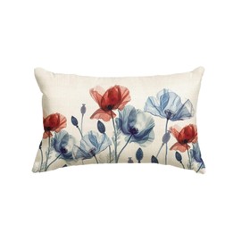 AVOIN colorlife 4th of July Red and Blue Poppy Floral Throw Pillow Cover, 12 x 20 Inch Memorial Day Independence Day Patriotic Decor Cushion Case for Sofa Couch