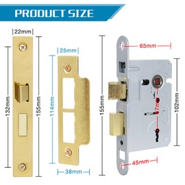 DIDA® 3 Lever Mortice Sashlock Polished Brass Mortice Locks Sashlocks 65mm, Door Lock Sashlocks with Key Suitable for Internal or External Doors, Door Latch Hardware and Key Locking Door High Security