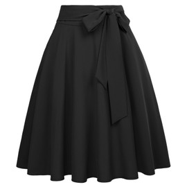 Belle Poque Women's Vintage Casual Skirt Bow Tie Summer Flowy Midi Black Skirts with Pockets XL