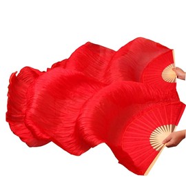 Women 1 Pair (Left+Right) Silk Belly Dance Fans Veil Belly Dancing Long Folding Fans Length 180 cm * 90 cm (Red)