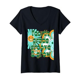 Fourth Grade Groove & Grow Retro 70s Groovy School Teacher V-Neck T-Shirt, black