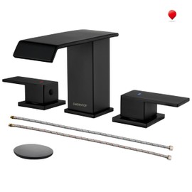 Matte Black Bathroom Faucet 3 Hole, OMEKNTOP 8 Inch Waterfall Black Bathroom Faucet with Overflow Pop Up Drain and cUPC Hose, Two Handle Bathroom Sink Faucet for Basin Lavatory Vanity