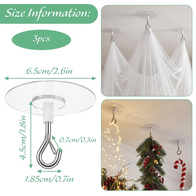 Sibba 3-Pack Heavy Duty Adhesive Ceiling Hooks Drill-Free Wall Hooks