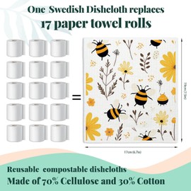 LARTSFRO Bee Flower Yellow Swedish Dishcloths for Kitchen, Swedish Dish Cloths for Bee Happy, Papaya Reusable Paper Towels, 4 Pack Dish Towels for Kitchen, Reusable Paper Towels Washable