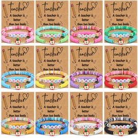 Kenning 24pcs Back to School Teacher Appreciation Gifts for Women Men Beaded Bracelet Elastic Clay Bracelet Our Class Is a Family Gifts Birthday Present for Teachers