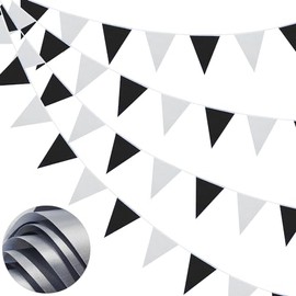 66ft Bunting Banner, 52pcs Waterproof Polyester Fabric Triangle Flags Reusable Pennant Bunting Black Silver Pennant Banner for Party Banners Party Decorations Birthday Outdoor Garden