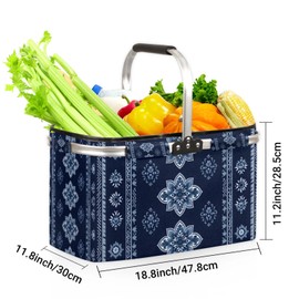 Collapsible Picnic Basket with Handle, Shopping Basket Aluminum Frame, Grocery Basket Tote for Women, Farmers Market Baskets, Harvest Baskets Travel Portable Beach Bag (Tribal-Floral Vintage Blue)