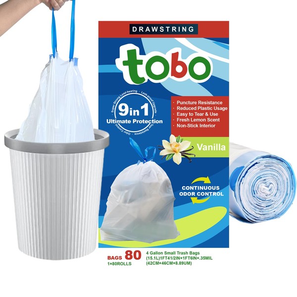 Tobo Drawstring Small Trash Bags - OdorShield, 4 Gallon, 80