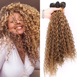 Kinky Curly Synthetic Hair Weave 3 Bundles 16 18 20 Inches Black and Golden Blonde Ombre Colored Hair Extensions(T1/27#)