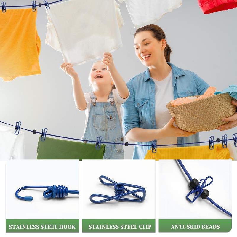 BODFPPC Travel Washing Line with 12 Clips, Portable Windproof Retractable
