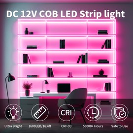 ShineBurky 12 V COB LED Strip, Pink, 5 m LED Strip, Dimmable LED Strip Light, Flexible for TV Backlight, Kitchen, Bedroom Decoration (Includes Power Supply)