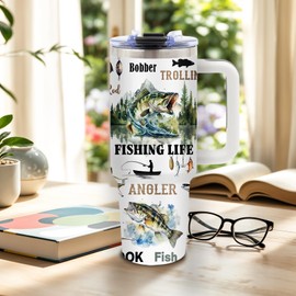 Fishing Gifts for Men, I'd Rather Be Fishing Tumbler, Christmas Gifts for Fisherman, Fathers Day Birthday Gifts for Fishing Lovers, 40 Oz Tumbler with Handle Angler and Fish Designs