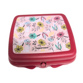 Tupperware Sandwich Box Storage Box Lunch Box Square with Hinge and Lock (Dark Red Flowers)