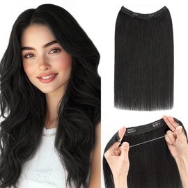 Hairro Wire Hair Extensions Human Hair, Fish Line Invisible Adjustable & Clips in Extensions Straight, 100% Real Hairpieces Seamless Blending for Women, 18 Inch 80g Jet Black