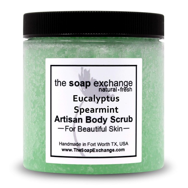 The Soap Exchange Sugar Body Scrub - Eucalyptus & Spearmint Scent - Hand Crafted 16 fl oz / 480 ml Natural Artisan Skin Care, Shea Butter, Exfoliate, Moisturize, & Protect. Made in the USA.