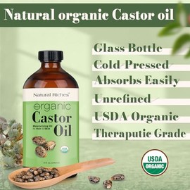 Natural Riches Aceite De Ricino Orgánico Frío Prensado Frío Botella Usda Certificado Para Piel Seca Caída Del Cabello Caspa Cabello Más Grueso - Hidrata Cura Piel Cuero Cabelludo Pestañas Más Gruesas