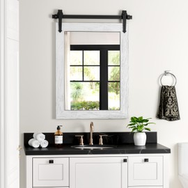 Farmhouse Bathroom Mirror for Over Sink 22”*32”, Barn Door Mirror, Rustic Wall Mirror for Bathroom White, Living Room, Entryway