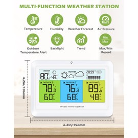 KeeKit Weather Station with 3 Wireless Sensors - Indoor Outdoor Thermometer & Humidity Monitor, Digital Weather Forecast Station with Backlight, MIN/MAX Records, Alert