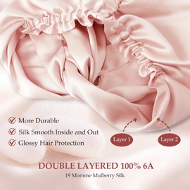 SGMSILK Silk Bonnet for Sleeping Women, 100% Mulberry Silk Sleep Cap with Elastic Band, Double Layer Silk Sleeping Bonnet for Women Hair Care Pink