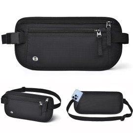 Cangurera de Viaje Oculta con Tecnología Bloqueo RFID, Riñonera Ultrafina Impermeable y Antirrobo,Cinturón Hombre y Mujer Ajustable para Viaje,Deporte, Running, Ejercicio (Negro)