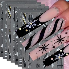 8 Sheets Snowflake Nail Stickers for Nail Art, French Tip Nail Decals 3D Self-Adhesive Black White Snowflake French Nail Art Stickers Xmas Holiday Nail Charms for Women and Girls Nail Decoration