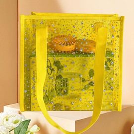 TotePrint Transparent Tote Bag with Stars Pattern Print, Large Capacity Shopping Bag, Reusable Bag 10 x 9.8×3.9 inches, Yellow With Stars, Large